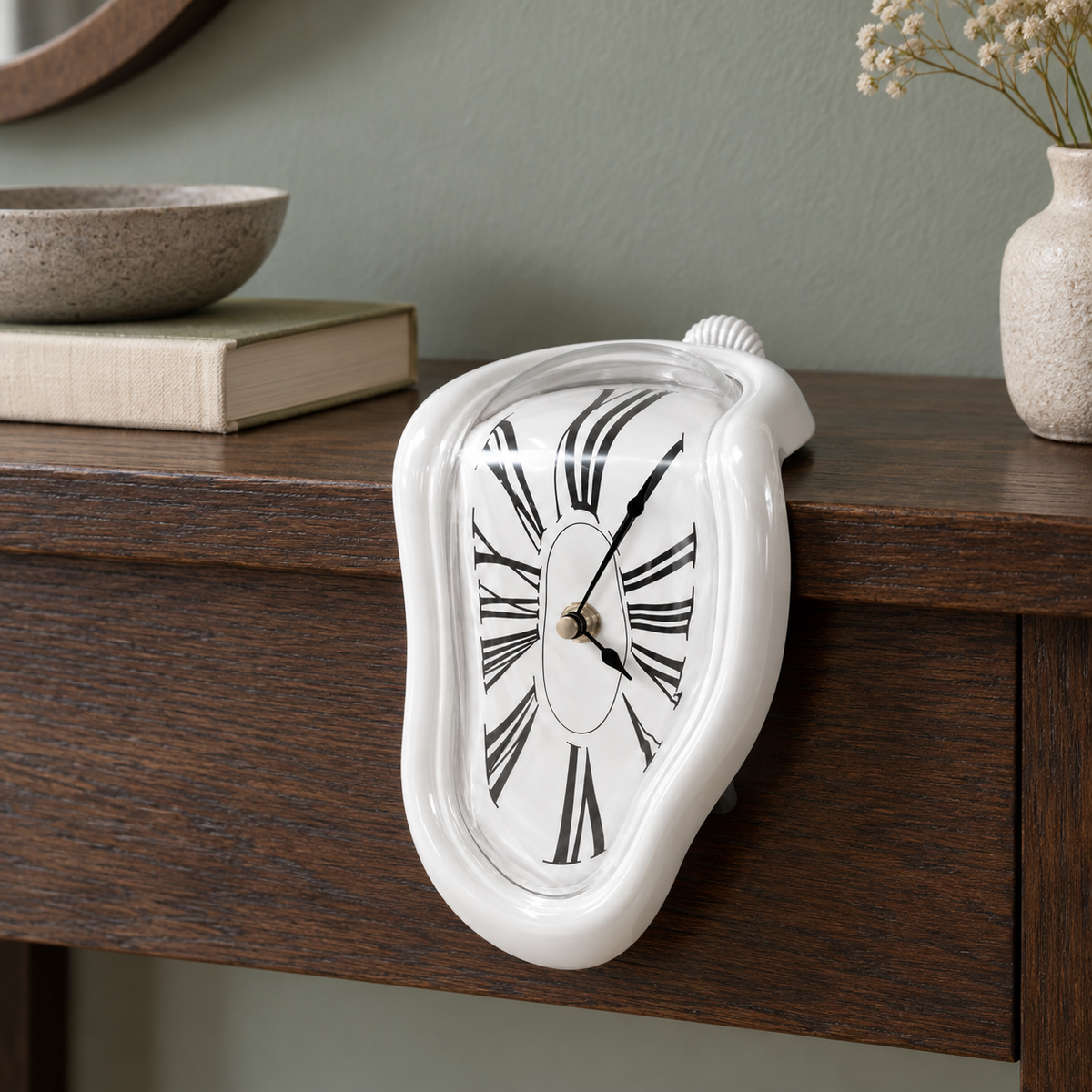 A glossy white melting clock draped over the edge of a dark oak console table in a hallway