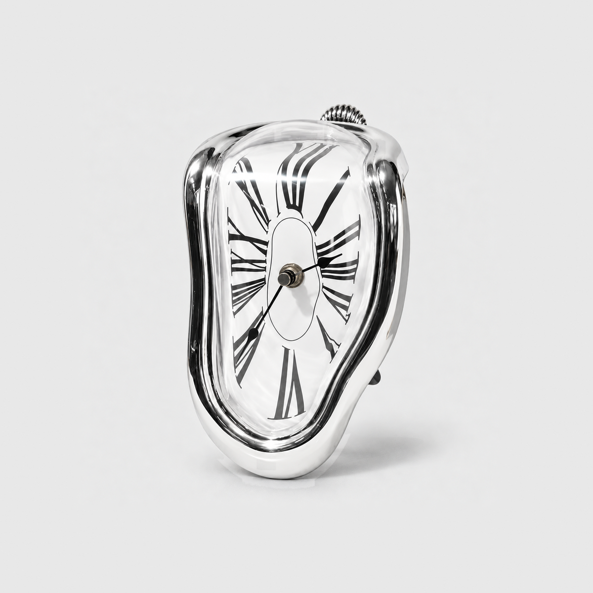 A mirror silver melting clock with stretched Roman numerals standing on a light gray background