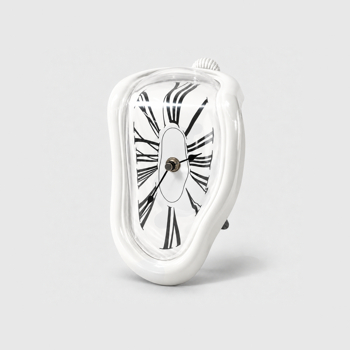 A glossy white melting clock with stretched Roman numerals standing on a light gray background