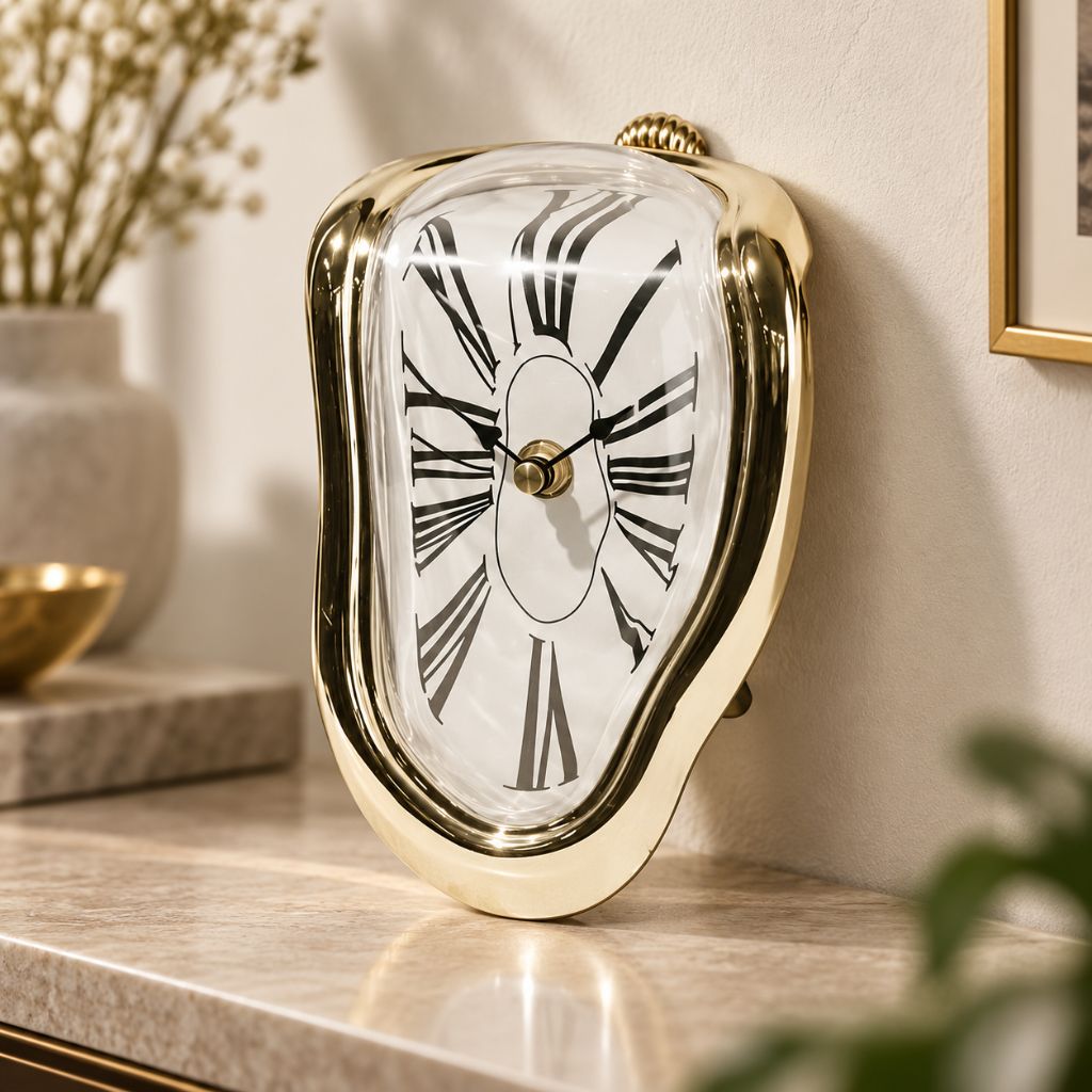 A mirror gold melting clock standing on a marble shelf in warm light