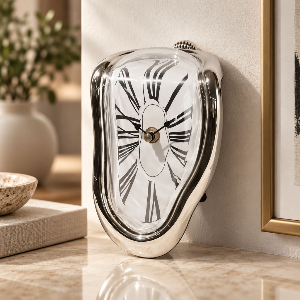 A mirror silver melting clock standing on a marble shelf beside a framed picture