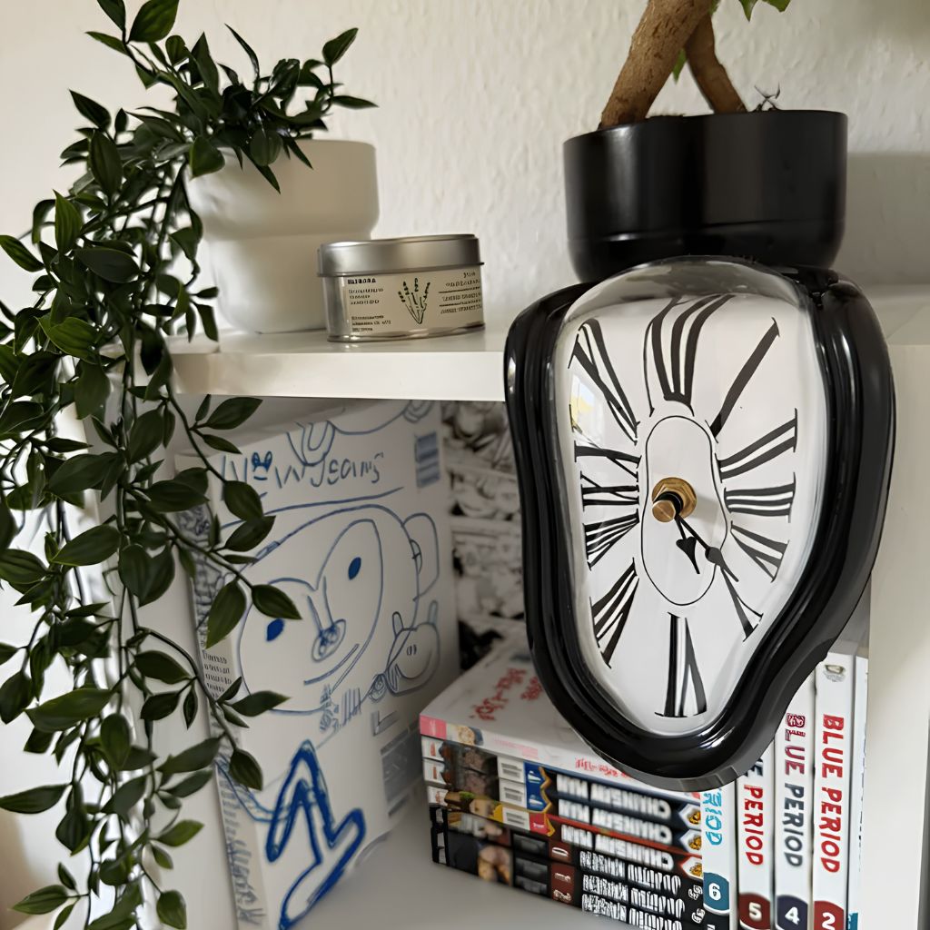 A black melting clock draped over a white shelf edge with a plant pot standing on its flat top