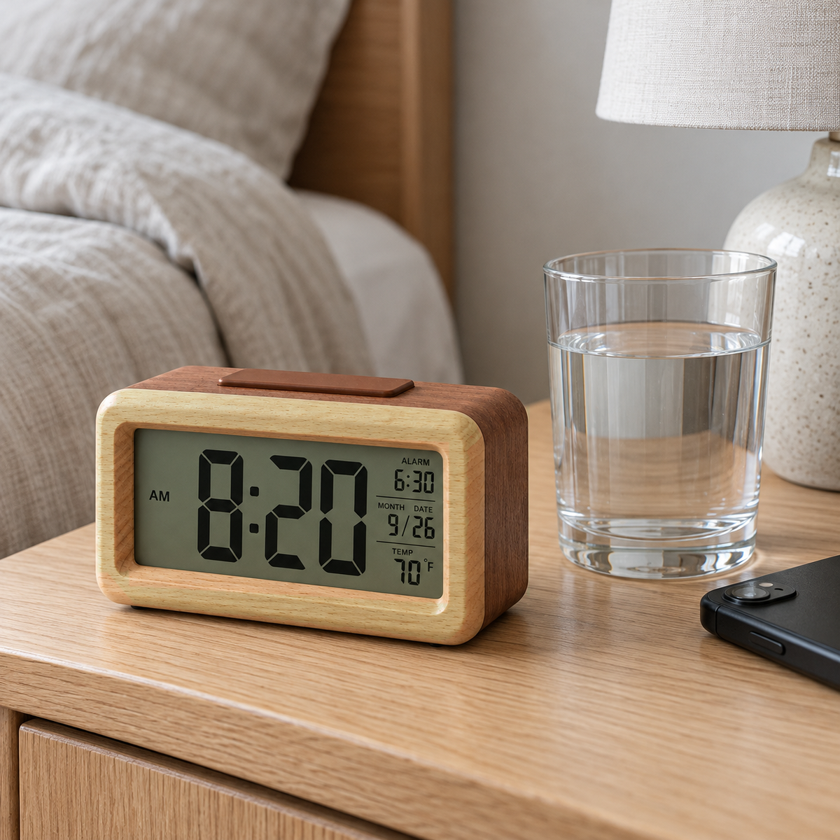 Brown wooden alarm clock on an oak nightstand beside a glass of water in a daylit bedroom
