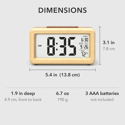 Wooden alarm clock dimensions: 5.4 inches wide, 3.1 inches tall and 1.9 inches deep