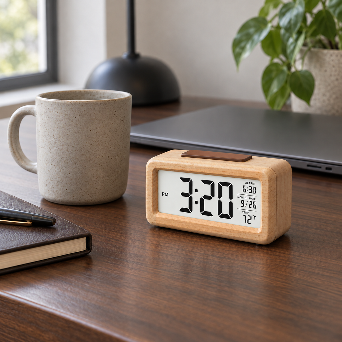 Beige wooden alarm clock with its screen lit on a walnut desk beside a coffee mug in a home office