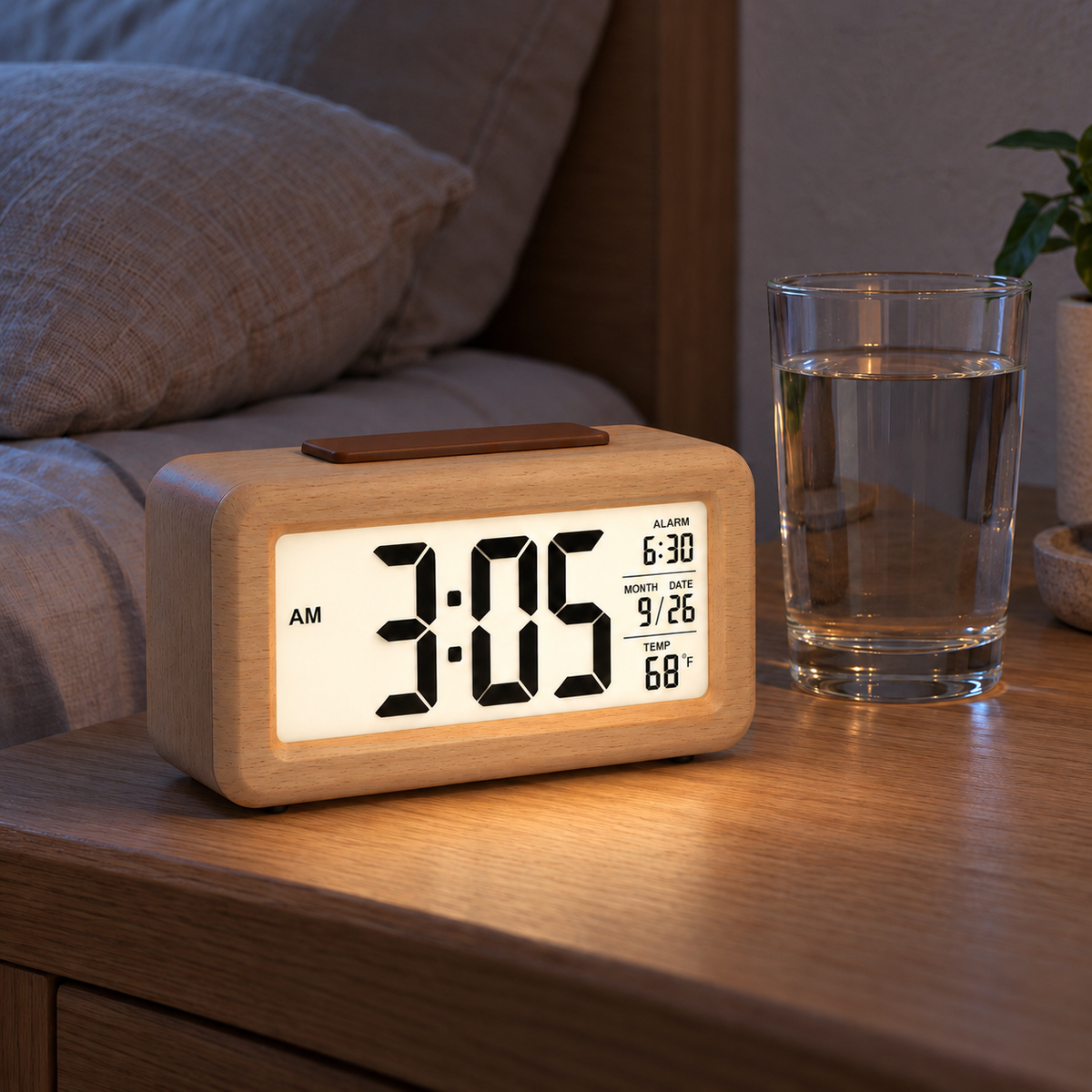 Beige wooden alarm clock with its backlit screen glowing softly on a nightstand at night