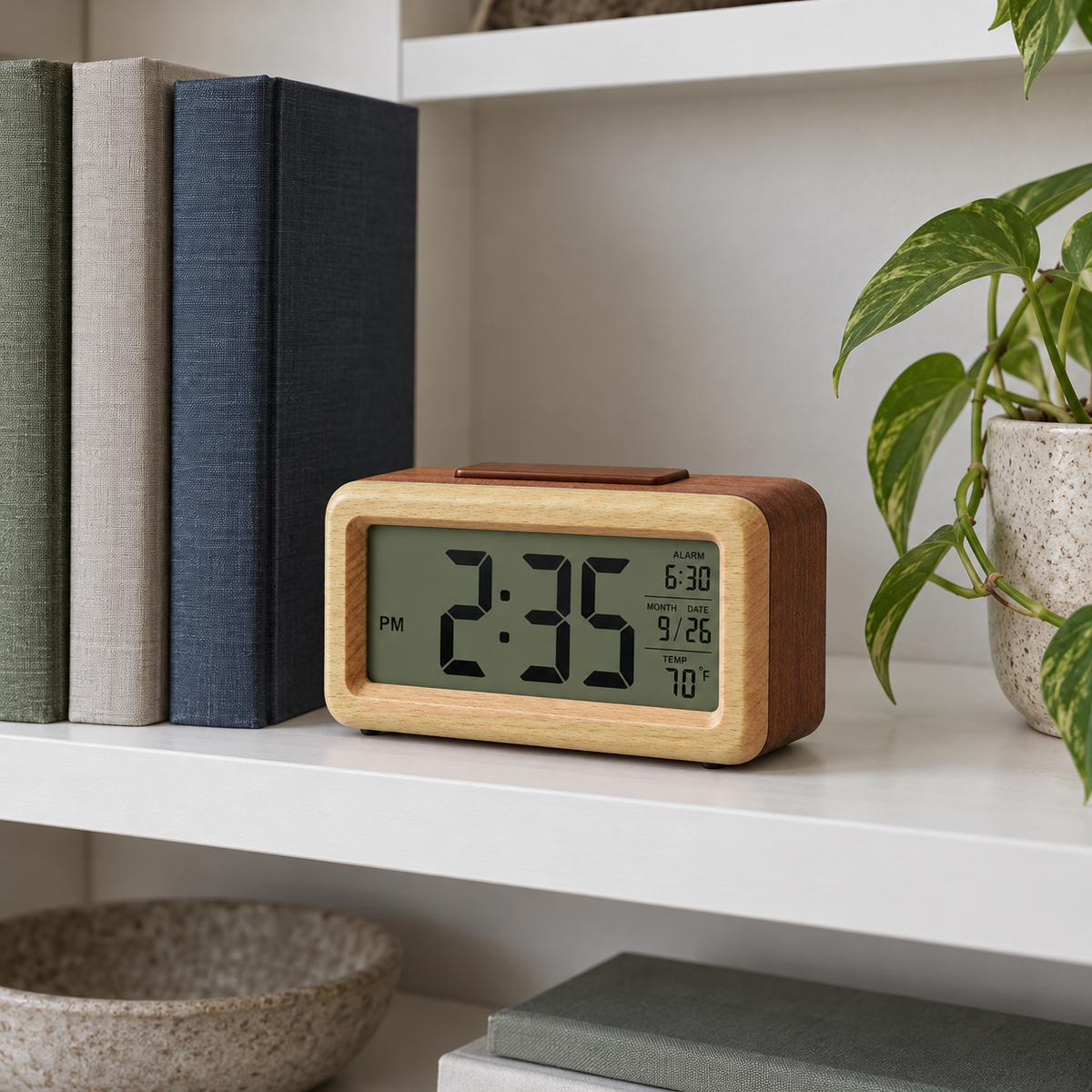 Brown wooden alarm clock on a white bookshelf beside a row of books in a daylit study