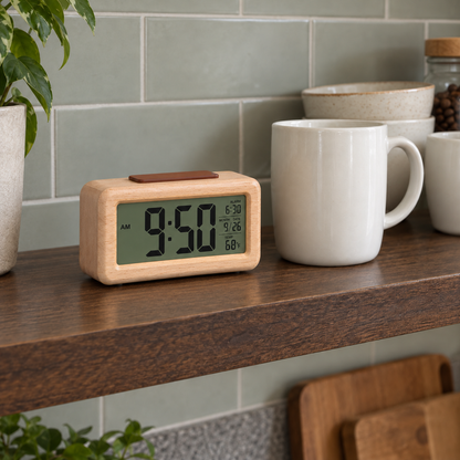 Beige wooden alarm clock on an open kitchen shelf beside white mugs