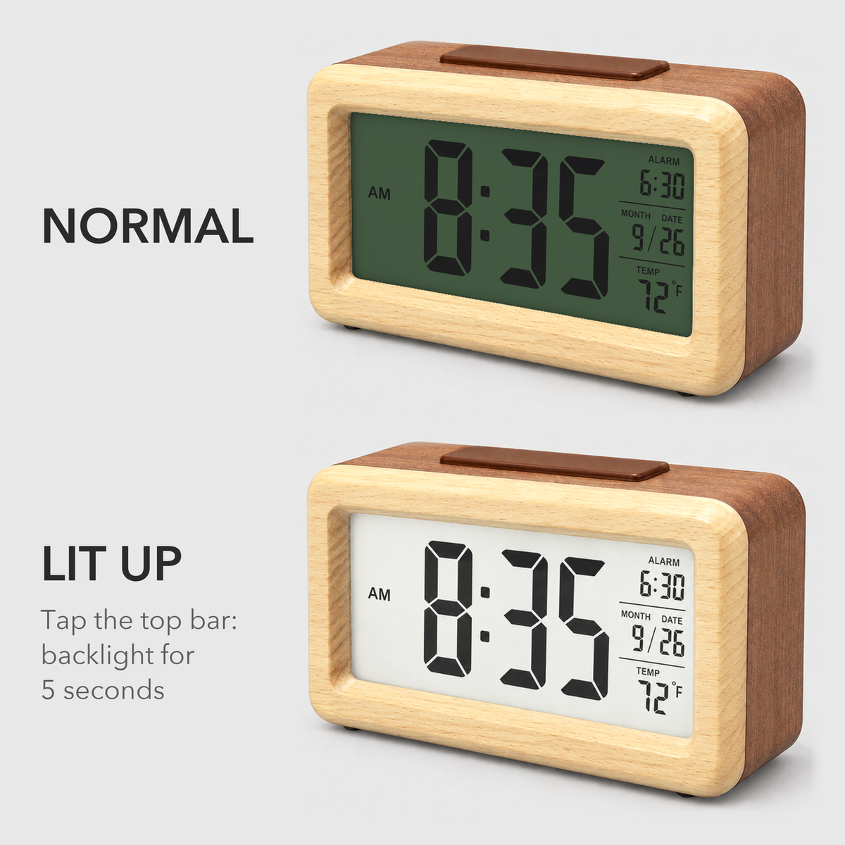 The wooden alarm clock twice, one above the other: the normal gray-green display on top and the backlit white display below, lit by tapping the top bar
