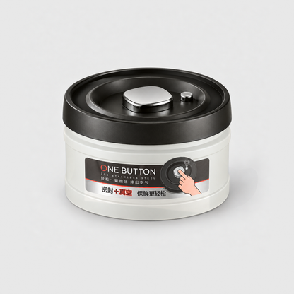 Small vacuum coffee canister with an off-white stainless steel body, a printed ONE BUTTON label on the front and a black lid with a silver push button pump, on a light gray background