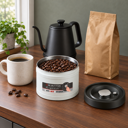 Open vacuum coffee canister with a printed ONE BUTTON label on the front, full of roasted coffee beans, beside its black pump lid on a walnut counter with a pour-over kettle