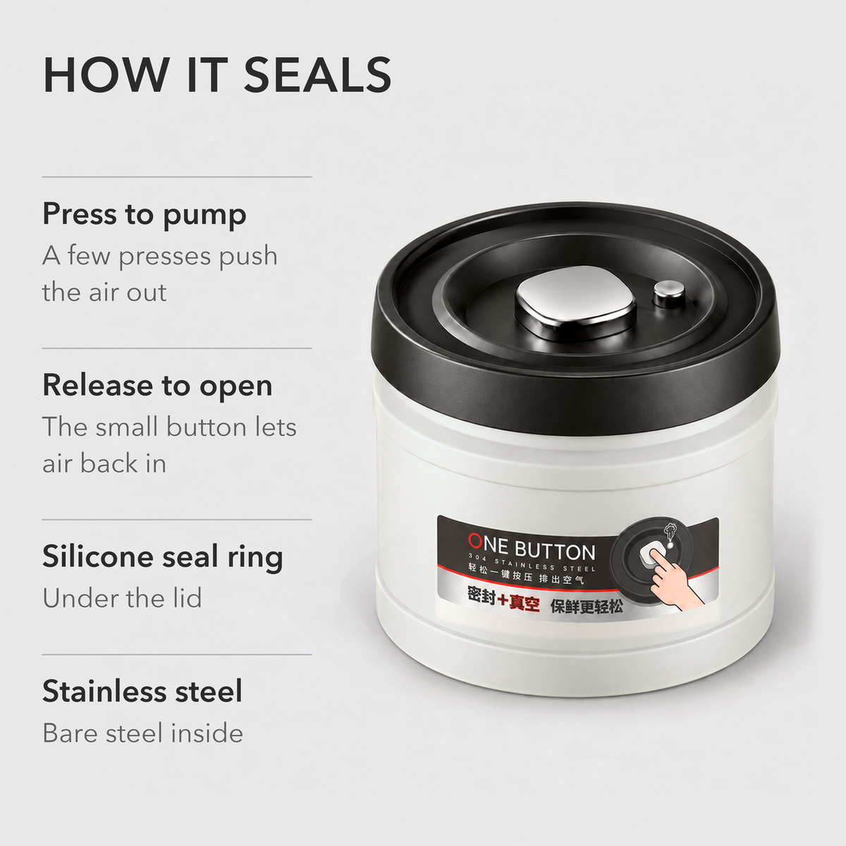 Black lid of a vacuum coffee canister with the silver pump button and small air release button, a printed ONE BUTTON label on the front, beside the words press to pump, release to open and silicone seal ring
