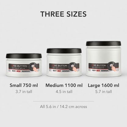 Three sizes of vacuum coffee canister side by side, each with a printed ONE BUTTON label on the front: 750 ml 3.7 inches tall, 1100 ml 4.5 inches and 1600 ml 5.7 inches, all 5.6 inches across