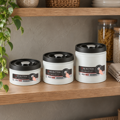 Three off-white vacuum coffee canisters in small, medium and large, each with a printed ONE BUTTON label on the front, standing in a row on an oak pantry shelf