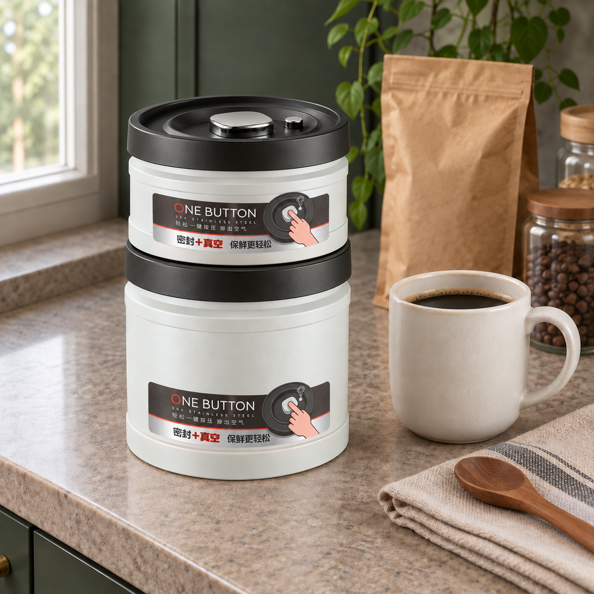 Small vacuum coffee canister stacked on top of a large one, both with a printed ONE BUTTON label on the front, on a stone kitchen counter beside a mug of coffee