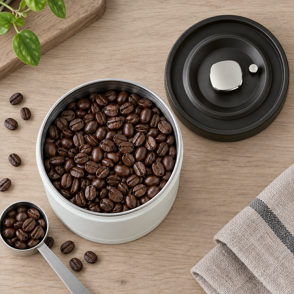 Top view of an open stainless steel coffee canister filled with roasted beans beside its black lid with a silver pump button