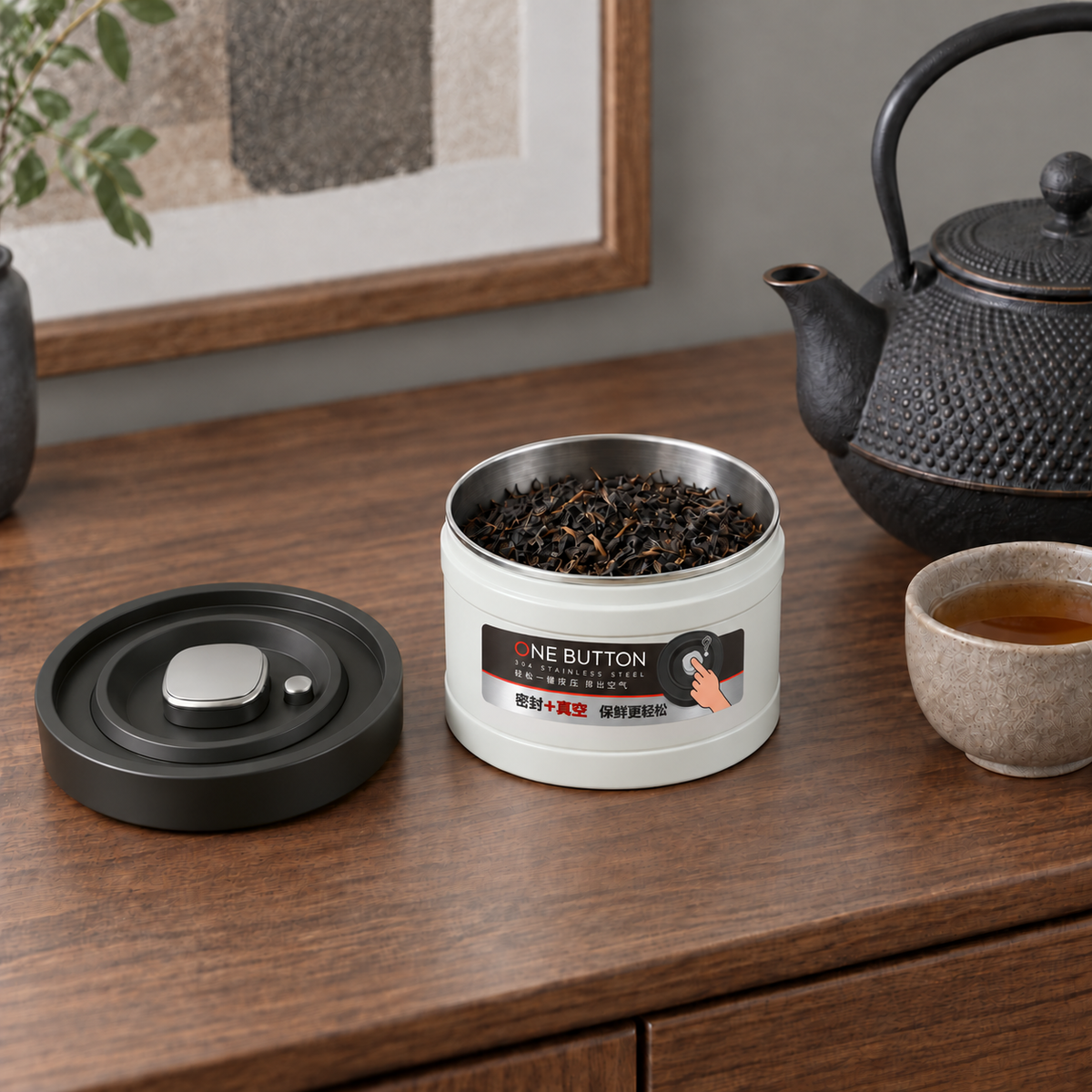 Small vacuum canister with a printed ONE BUTTON label on the front, filled with loose-leaf tea beside a cast iron teapot on a walnut sideboard