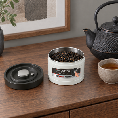 Small vacuum canister with a printed ONE BUTTON label on the front, filled with loose-leaf tea beside a cast iron teapot on a walnut sideboard