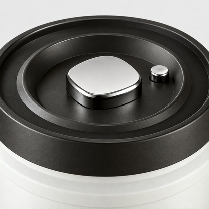 Close-up of the silver push button vacuum pump and the small air release button on the black canister lid