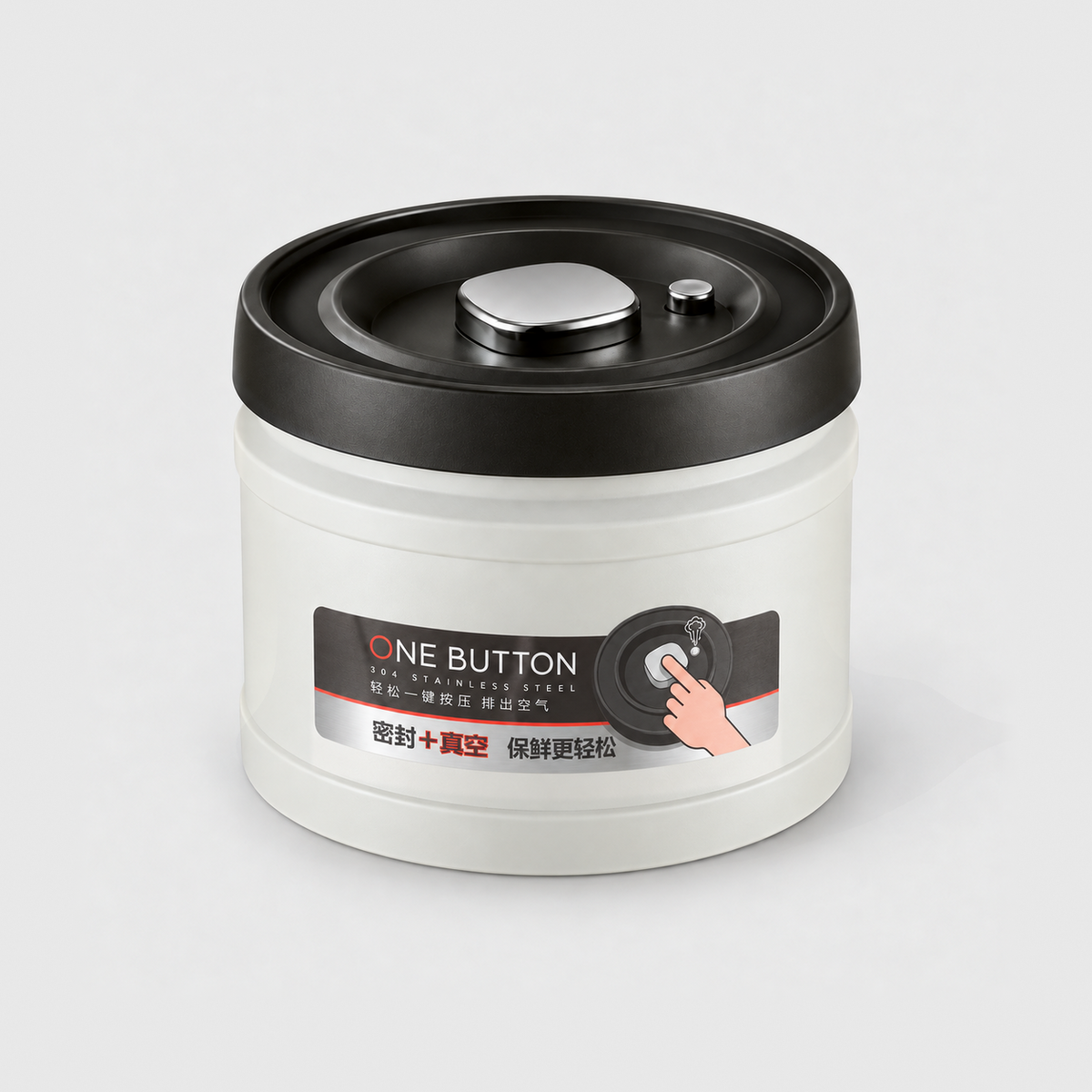 Medium 1100 ml vacuum coffee canister with an off-white body, a printed ONE BUTTON label on the front and a black push button pump lid, on a light gray background