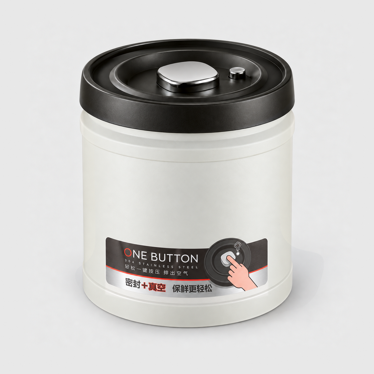 Large 1600 ml vacuum coffee canister with an off-white body, a printed ONE BUTTON label on the front and a black push button pump lid, on a light gray background