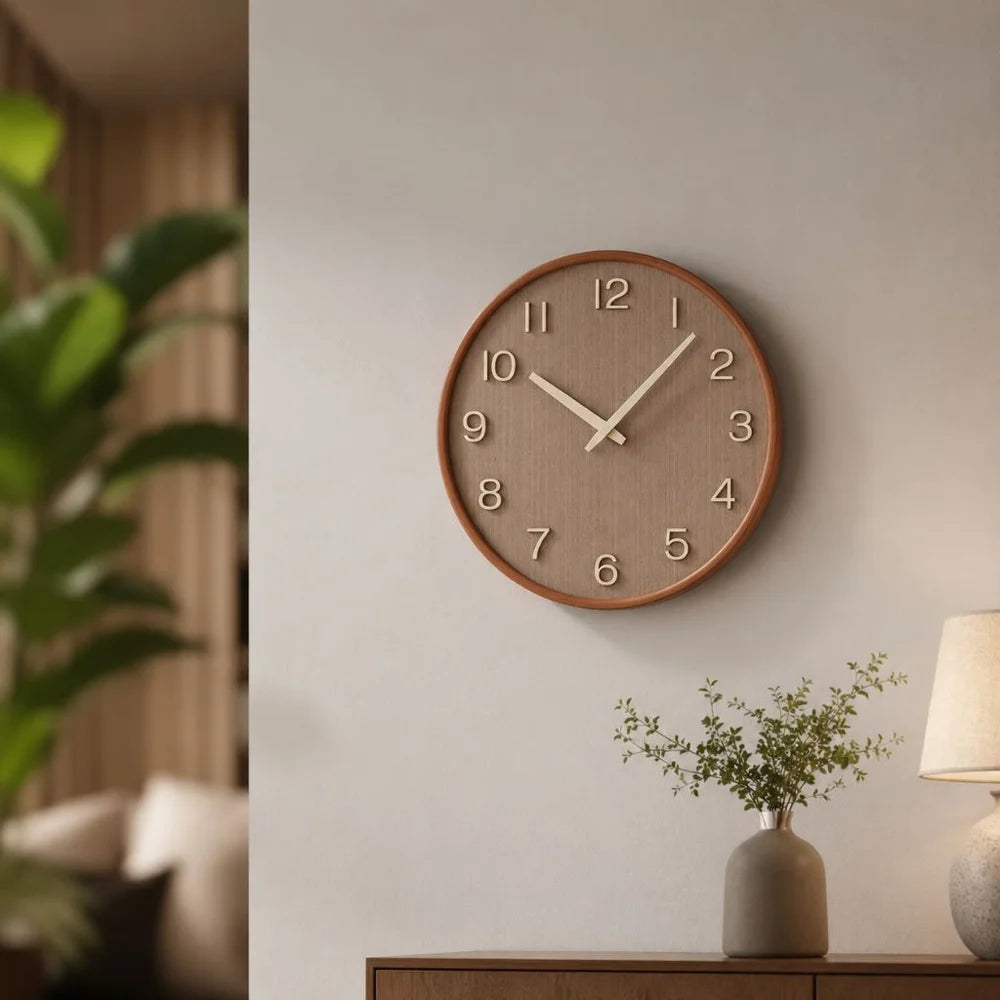 Brown wooden wall clock hanging above a wooden sideboard with a plant in a vase and a lamp, in a soft beige living room