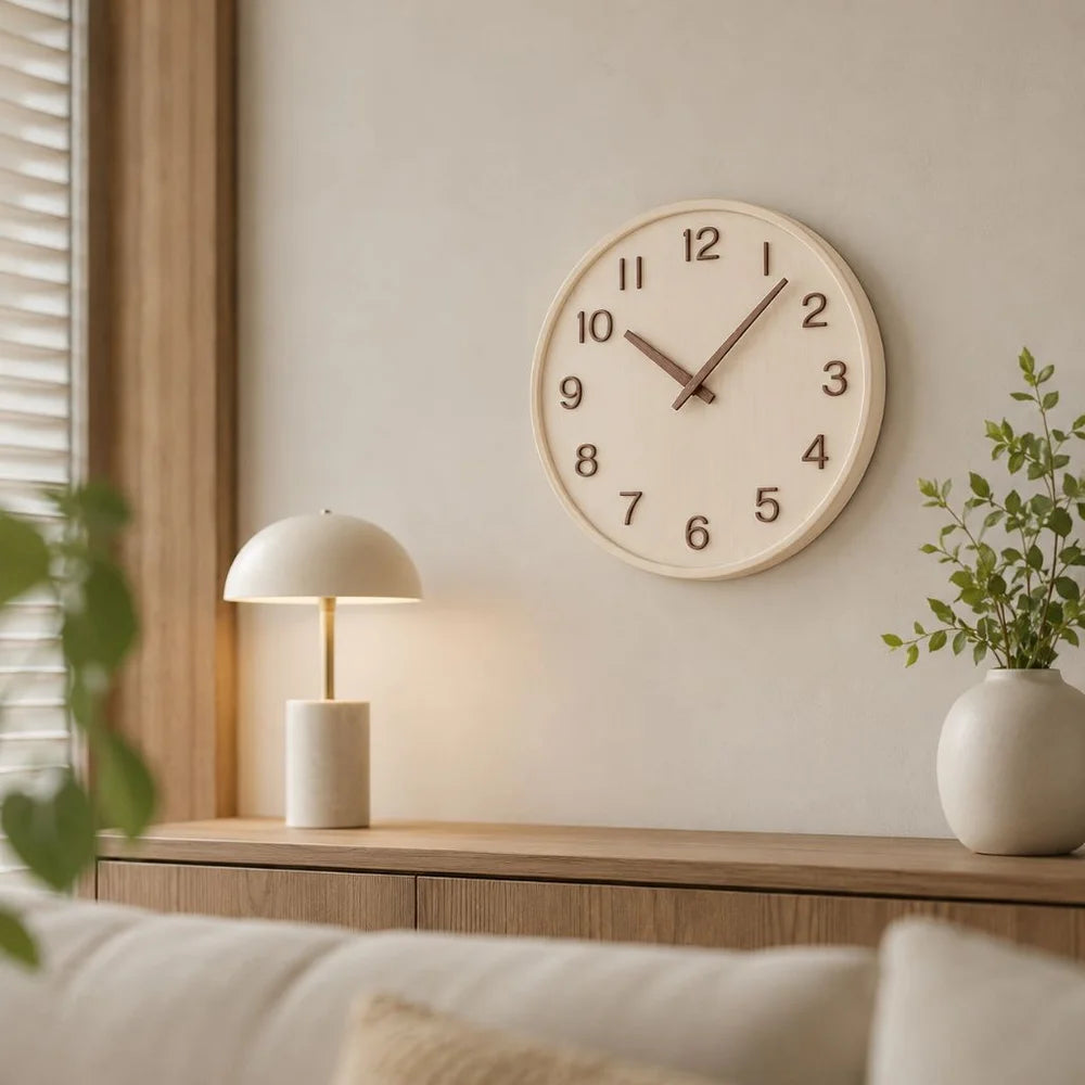 Natural wood wall clock with walnut numbers hanging above a sideboard with a white table lamp and a sofa in front