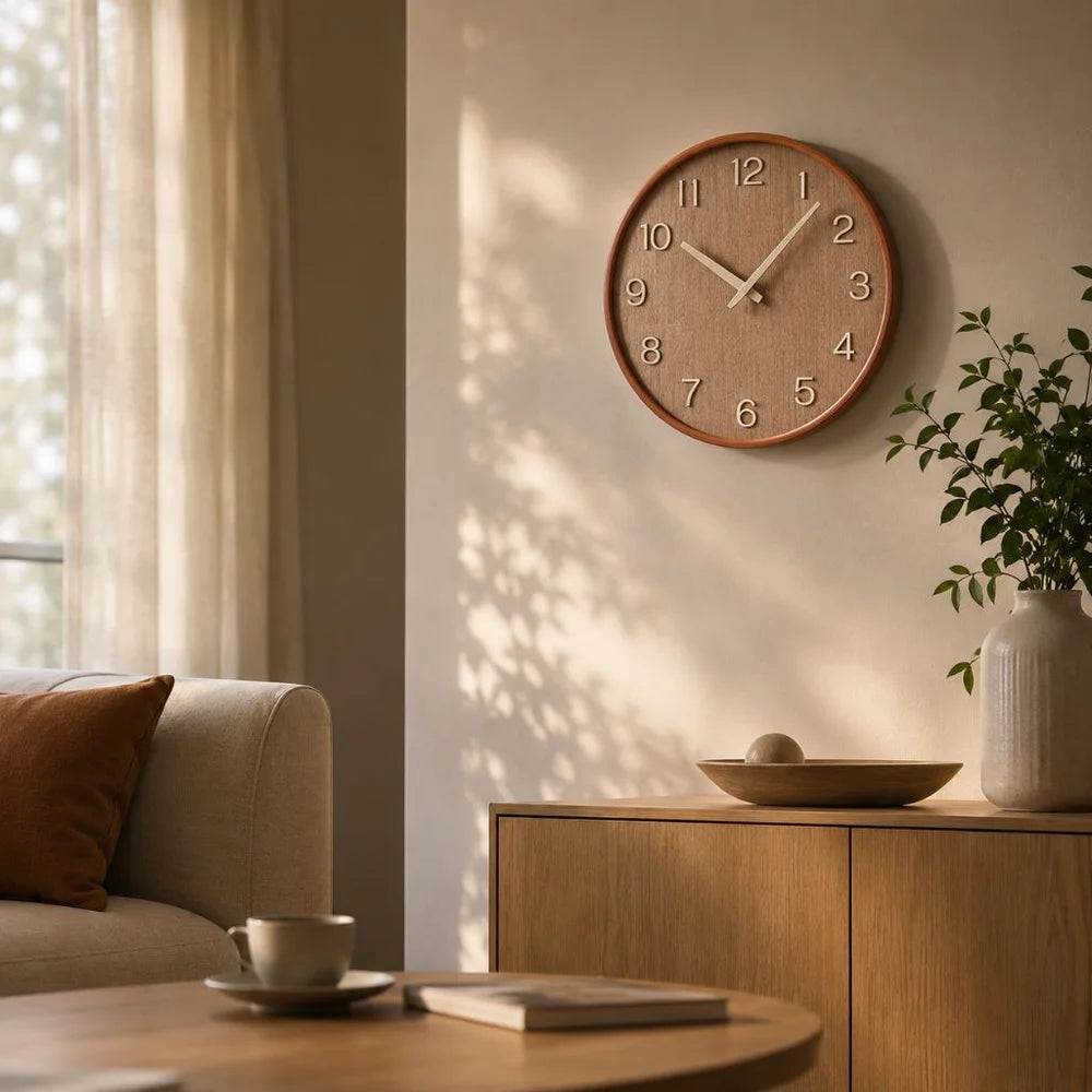 Brown wooden wall clock on a sunlit living room wall above a wooden cabinet, with a plant and a sofa