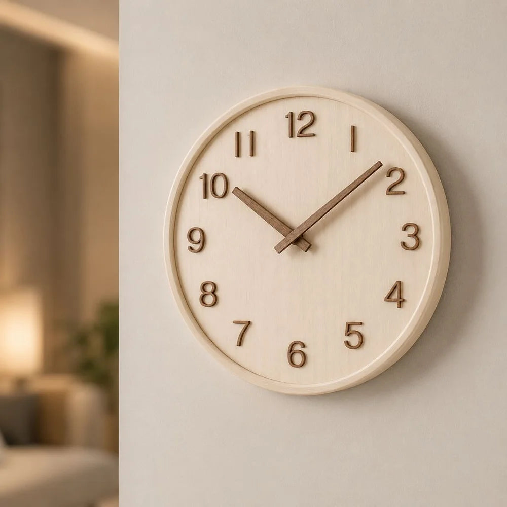 Natural wood wall clock seen at an angle on a warm beige wall, showing its rounded rim and raised numbers