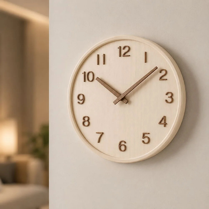 Natural wood wall clock seen at an angle on a warm beige wall, showing its rounded rim and raised numbers