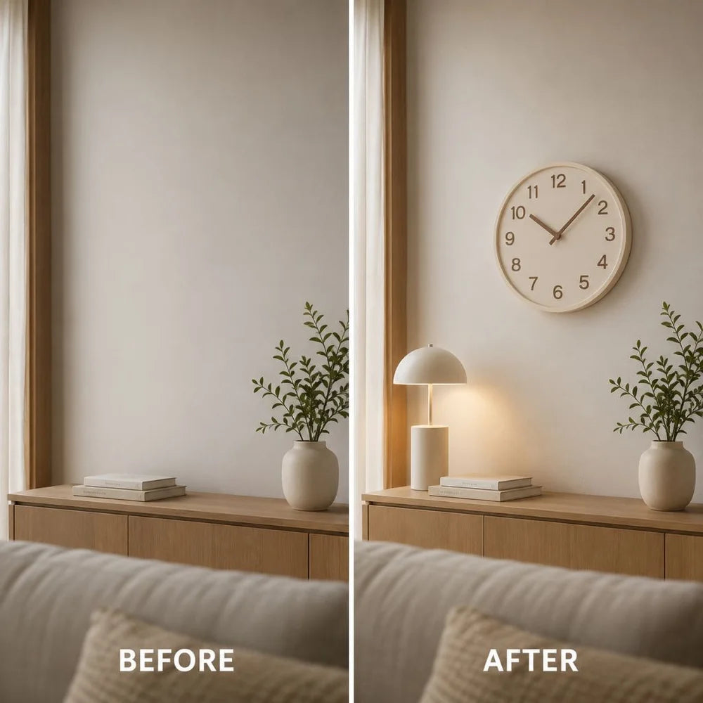 Before and after view of a bare wall above a sideboard and the same wall with the natural wood clock hung on it