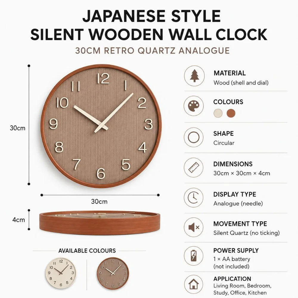Specification graphic for the brown wall clock showing 30 centimeters across and 4 centimeters deep, with material, colors, movement and power