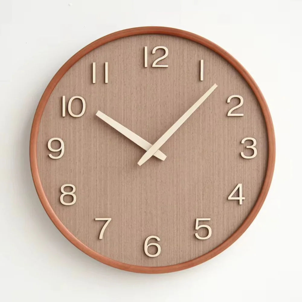 Brown wooden wall clock seen straight on, with a reddish-brown rim, mocha face and raised cream numbers and hands