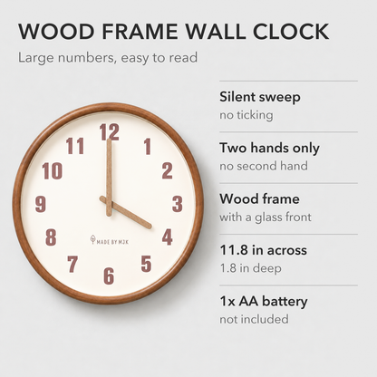 Text image: Wood frame wall clock with a silent sweep, large numbers, a glass front, 11.8 inches across, and one AA battery not included