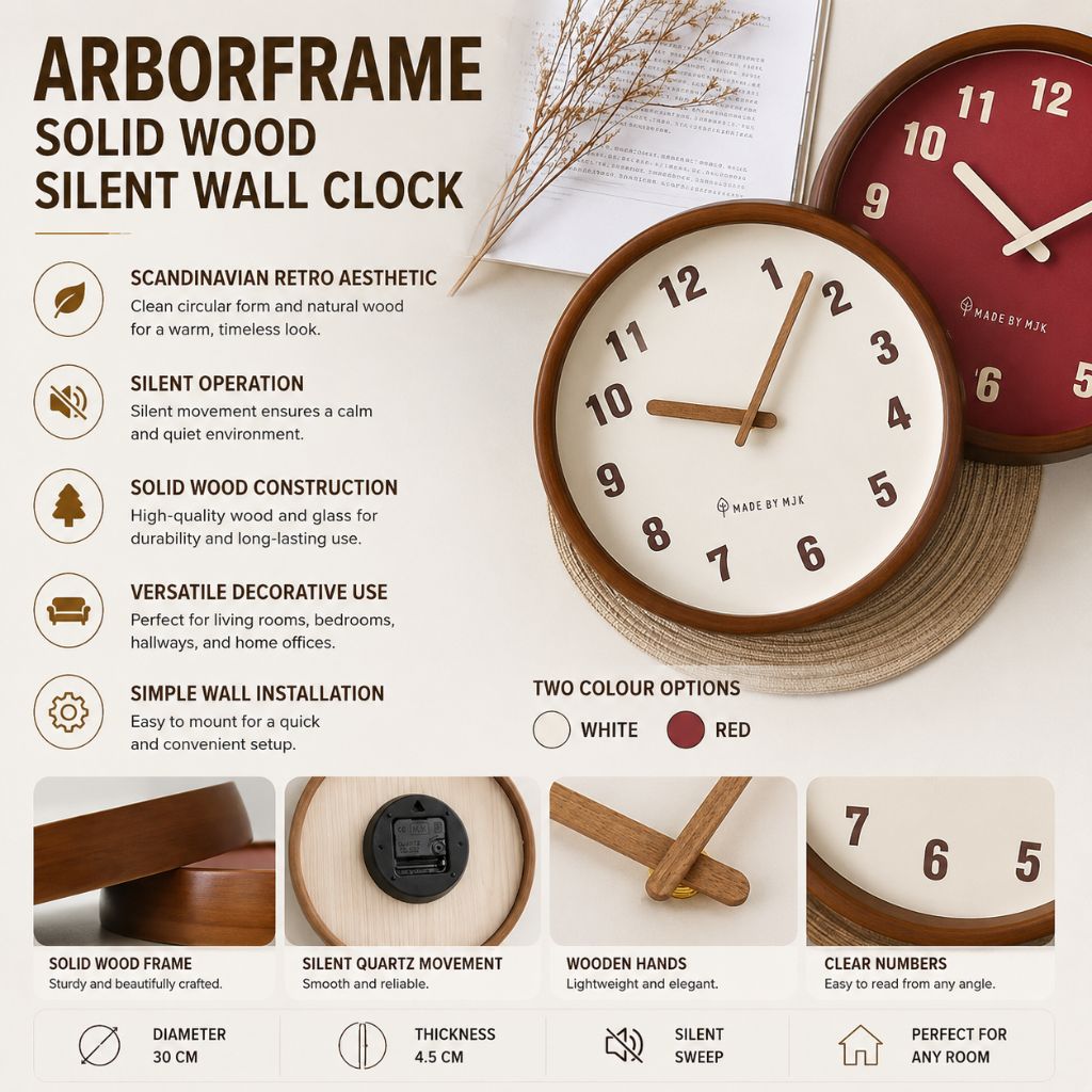 Text image: feature overview of the wood frame wall clock, with close views of the frame, the quartz movement, the wooden hands and the numbers, in White and Red