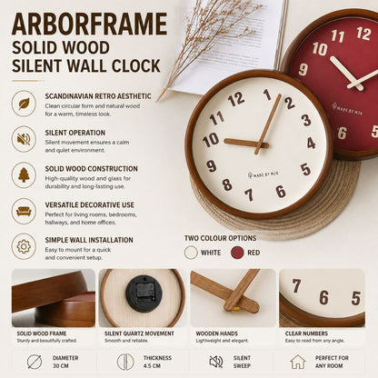 Text image: feature overview of the wood frame wall clock, with close views of the frame, the quartz movement, the wooden hands and the numbers, in White and Red