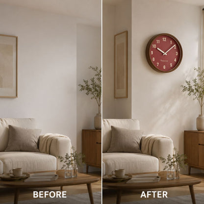 Before and after: a bare living room wall, then the same wall with the Red clock hung above the sofa