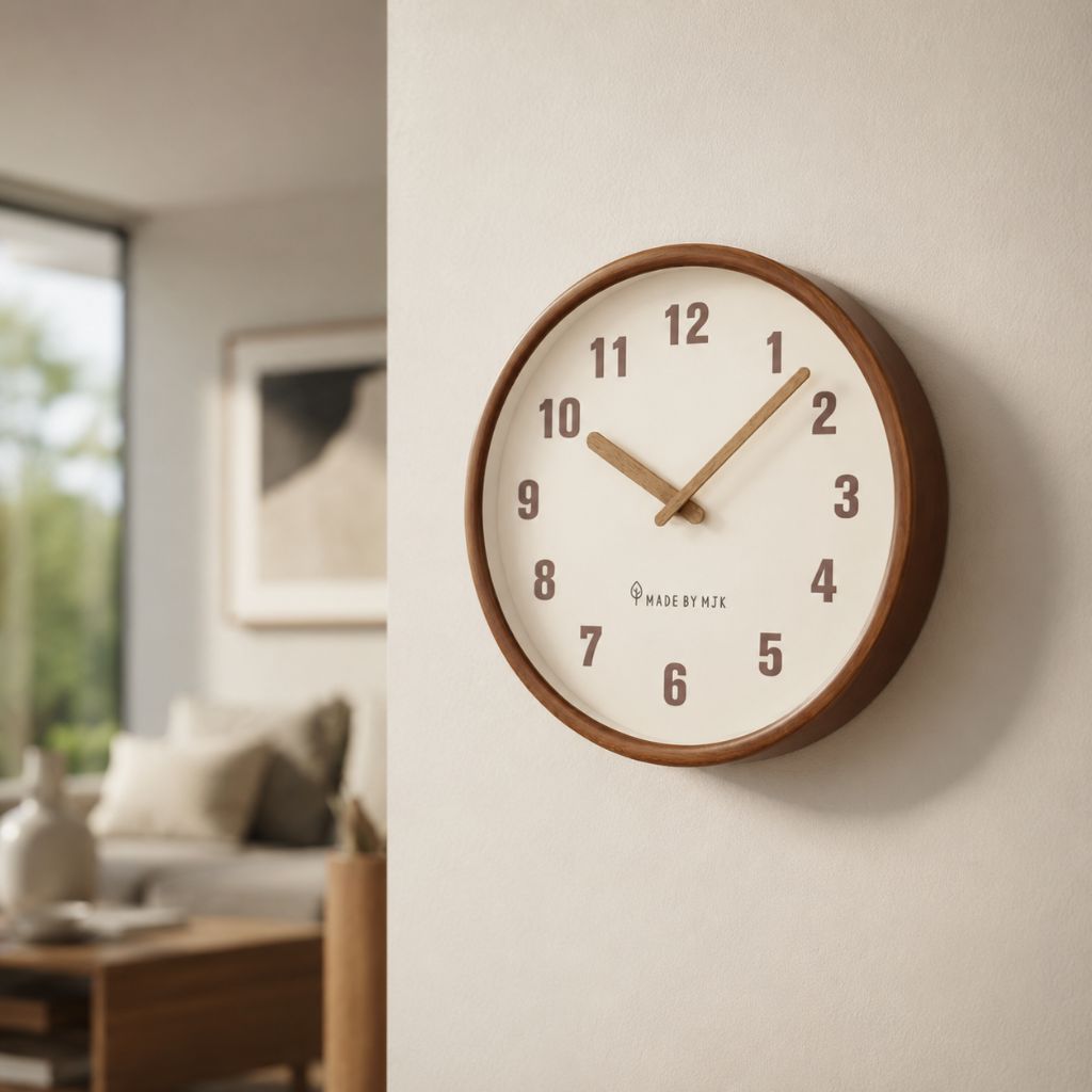 The White wall clock on a cream wall beside an open living room with a window and a framed print