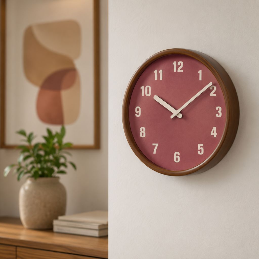 The Red wall clock on a cream wall beside a framed abstract print and a potted plant on a wooden sideboard