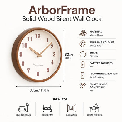 Text image: specifications for the wood frame wall clock, 30 cm (11.8 in) across, wood and glass, White or Red, one AA battery not included