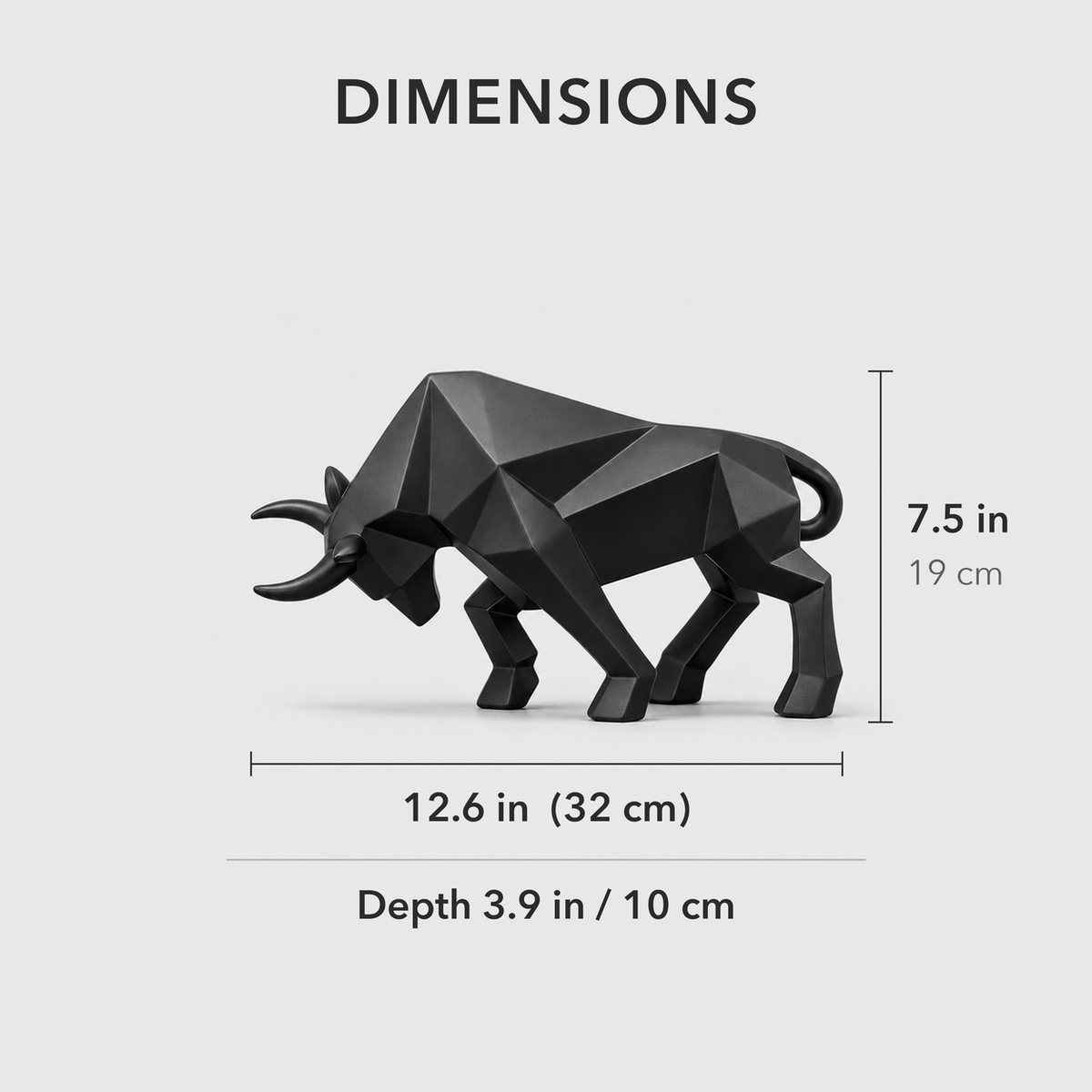 Dimensions of the geometric bull sculpture: 12.6 inches long, 7.5 inches tall and 3.9 inches deep
