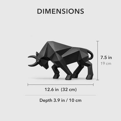 Dimensions of the geometric bull sculpture: 12.6 inches long, 7.5 inches tall and 3.9 inches deep