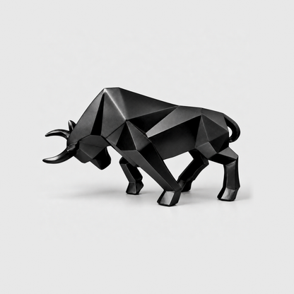 A black geometric bull sculpture with faceted planes, standing on a light gray background