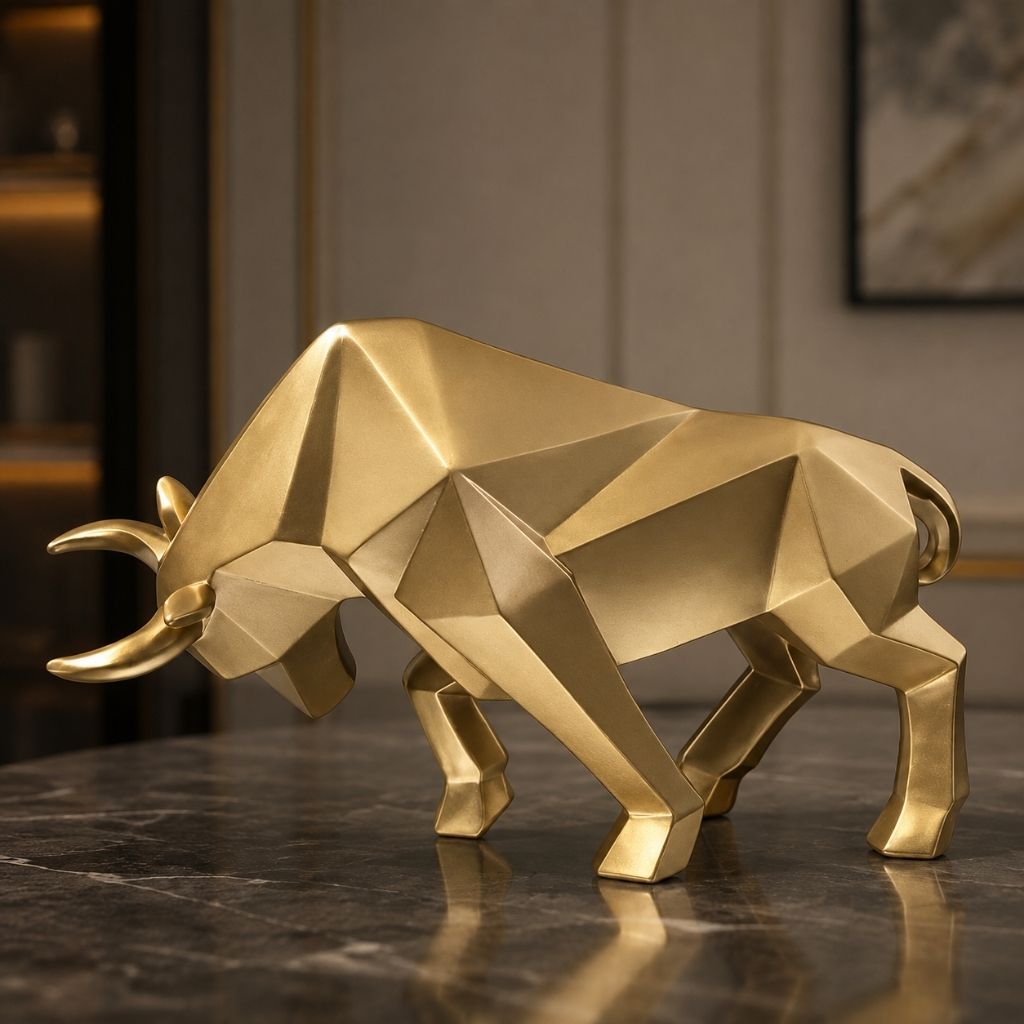A gold faceted bull sculpture with its head lowered, standing on a dark marble tabletop