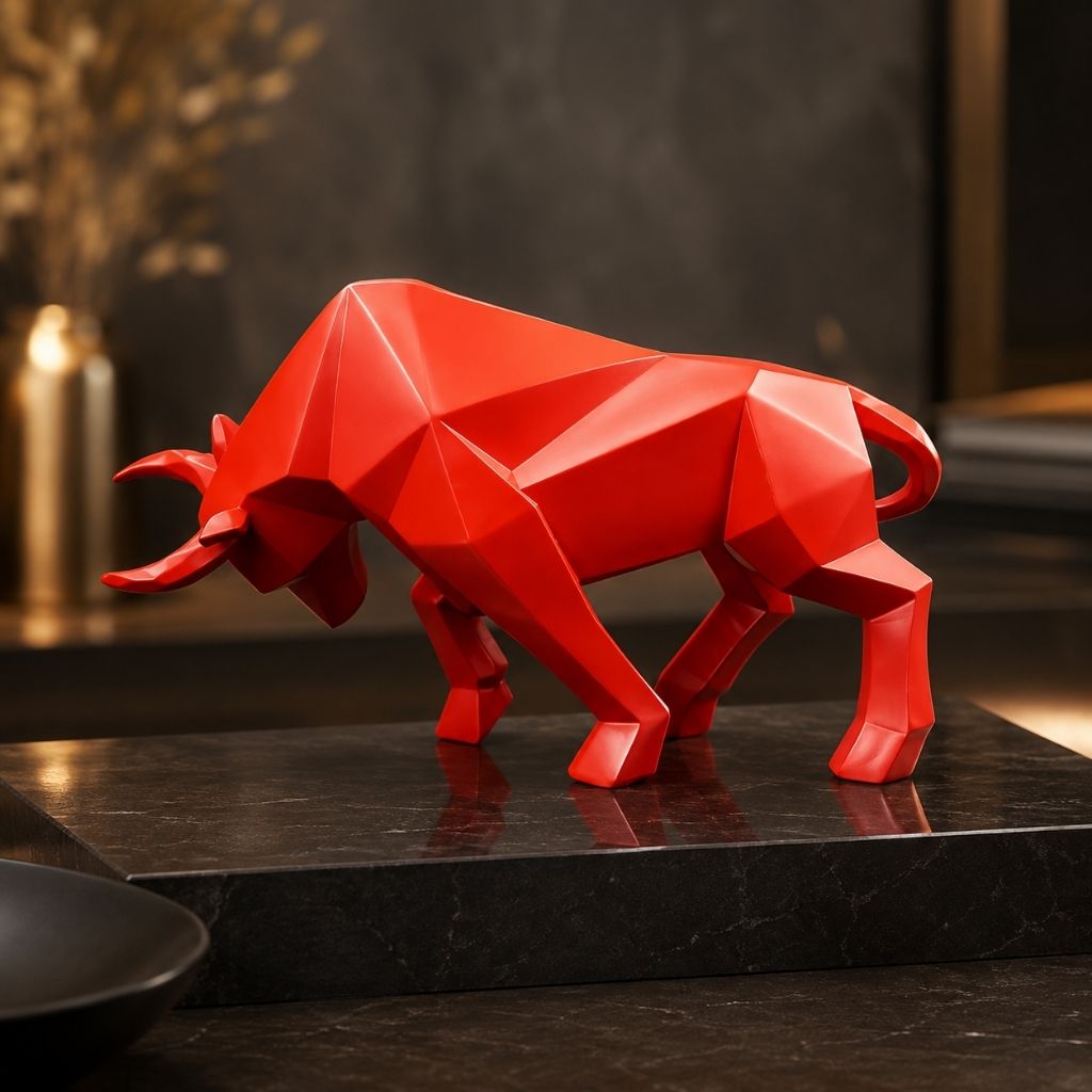 A red geometric bull sculpture on a black marble block, with soft gold lights behind it