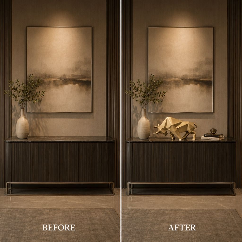 Before and after view of a console table, with a gold bull sculpture added beside a vase
