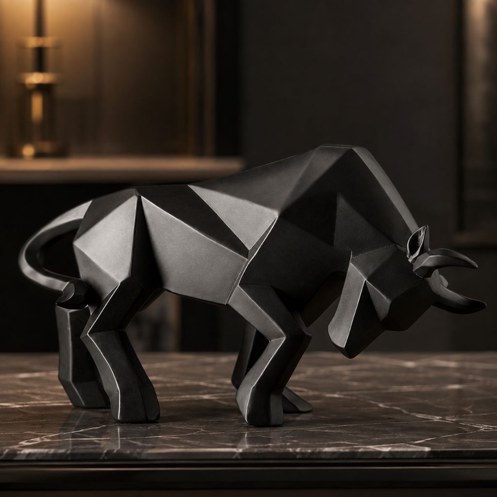 A black faceted bull sculpture facing right on a dark marble surface