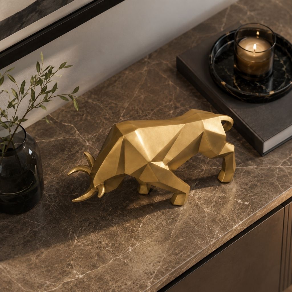 A gold geometric bull sculpture on a marble sideboard between a vase of greenery and a candle on a tray
