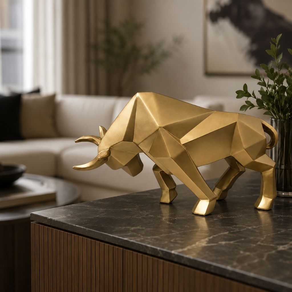 A gold faceted bull sculpture on the corner of a marble-topped cabinet in a living room