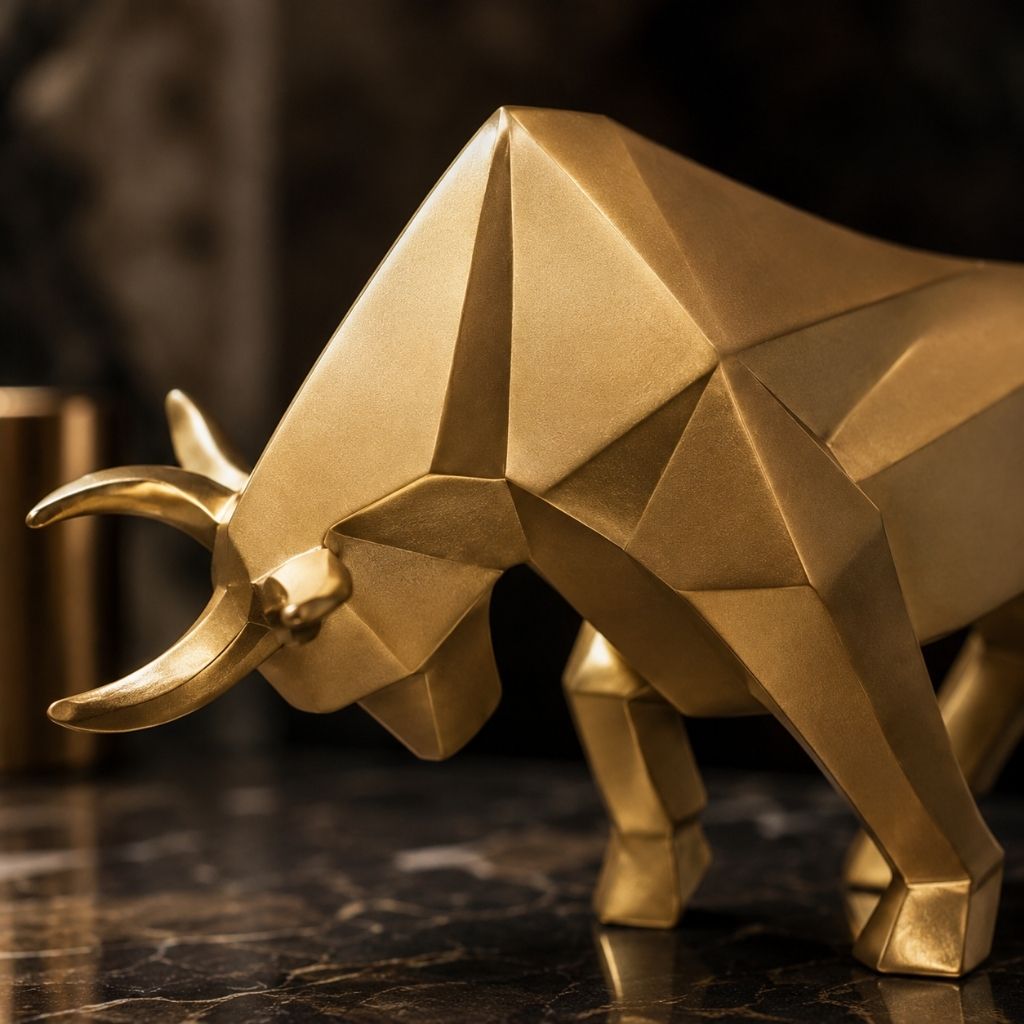 Close view of the gold bull sculpture's lowered head, horns and faceted shoulders
